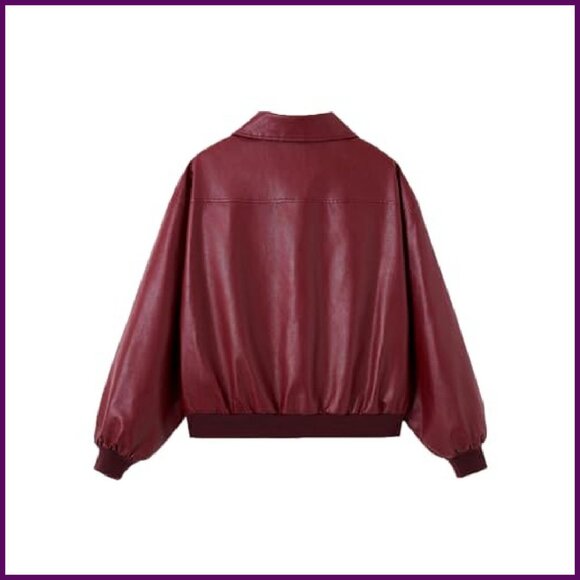 Faux Leather Motorcycle Jacket Lantern Sleeves Zipper Front Pockets - Picture 3 of 8